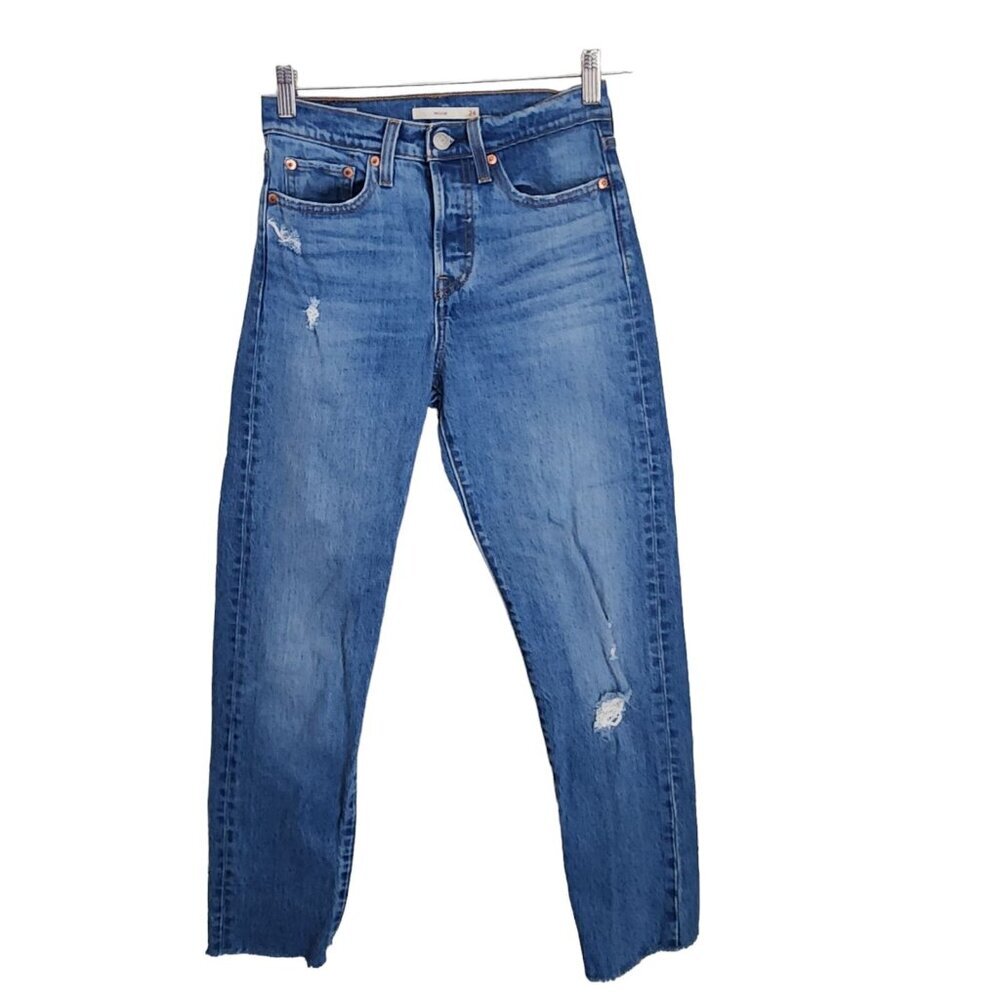 Levis Premium Wedgie Straight Jeans Size 24 Button Fly Raw Hem‎ Blue